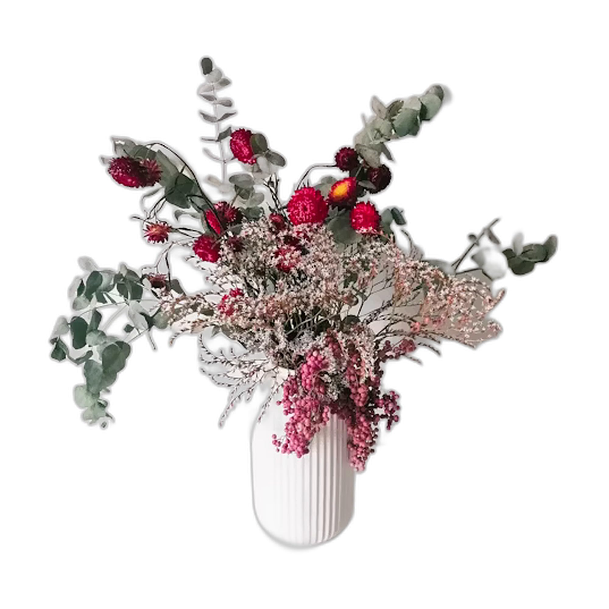 Dried Flower Bouquet in White Ribbed Vase, Red and Pink | Minimalist Design, Table Centrepiece, Natural Wood Grain, Modern Home Decor, Stem Plant Holder-image-42