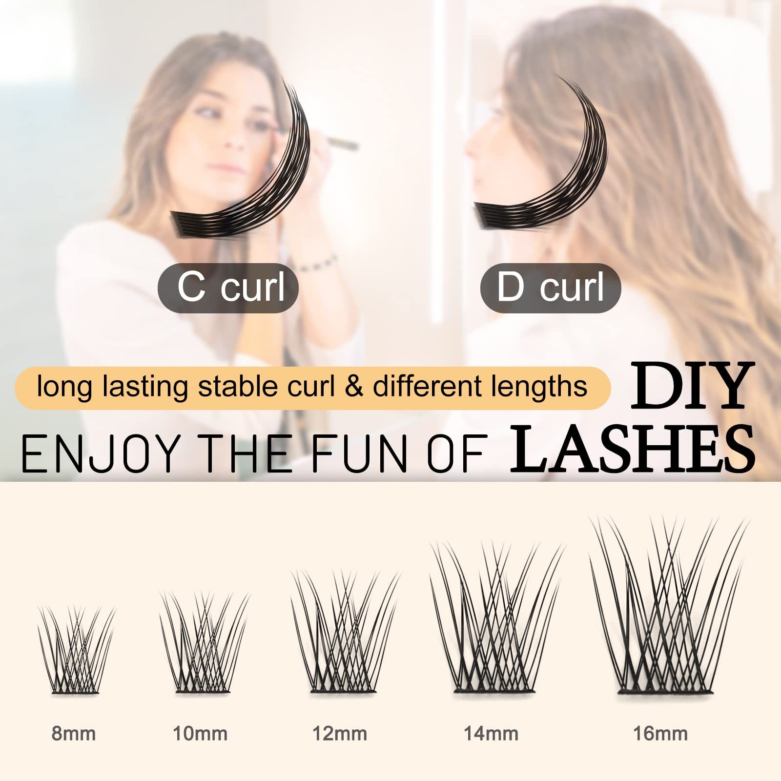 QUEWEL DIY Cluster Lashes - 144 Pcs Wide Stem Individual Eyelashes D Curl MIX8-16mm - Soft & Light False Eyelashes For Home Use (Natural-D) — view 5