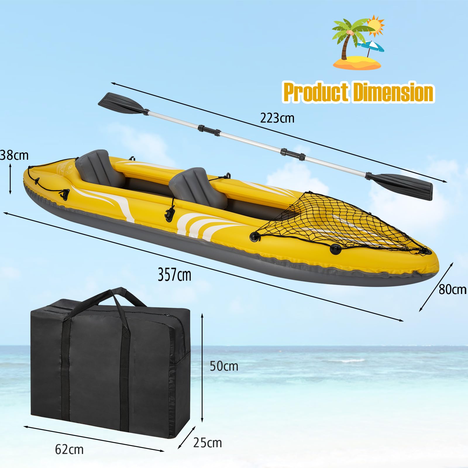 GYMAX Kayak Gonflable pour 2 Personnes avec Sièges Amovibles, 357x80x38cm,Charge 160kg Canoë Gonflable en PVC avec 2 Avirons en Aluminium et Pompe à Pied,Sac de Transport pour Lac Rivière