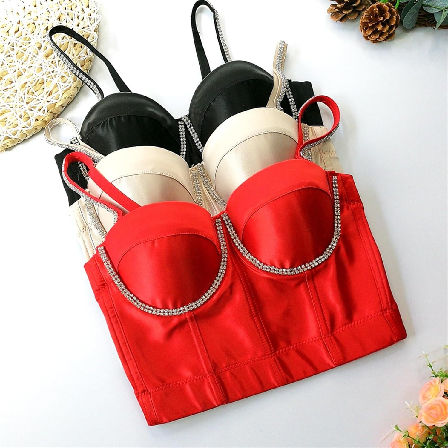 Women's Sexy Corset Halter Tops Rhinestone Chain Crop Top Vest Party Push up Bra