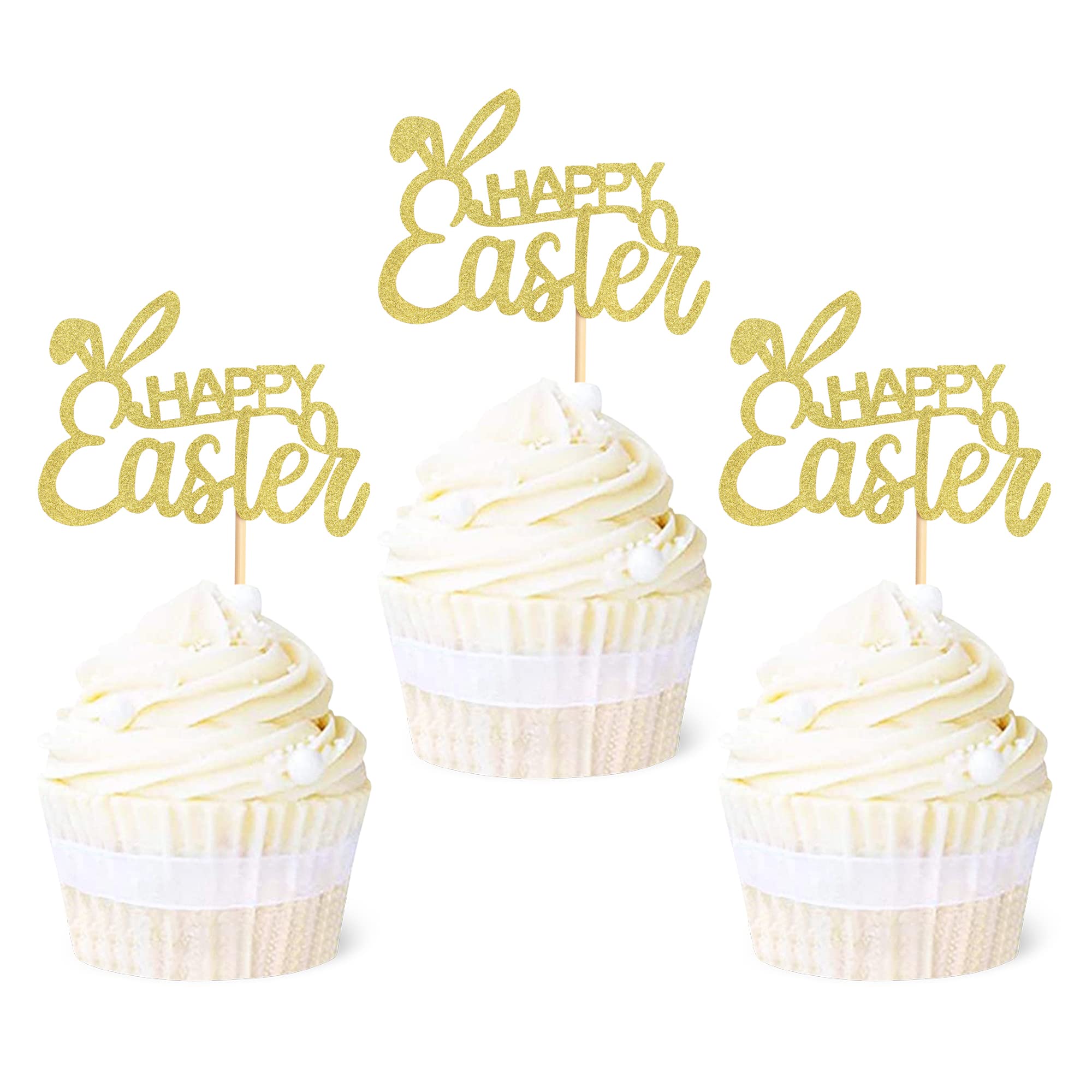 Blumomon 24Pcs Happy Easter Cupcake Toppers Gold Glitter Bunny Ear Cupcake Picks Happy Easter Theme Party Cake Decorations Supplies
