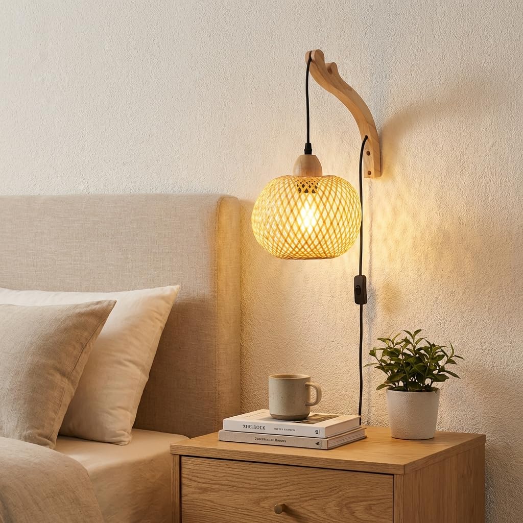 BARCELONA LED Applique murale « Phuket » en osier et bois avec prise – Luminaire décoratif d'intérieur en fibres naturelles. Style rustique et moderne. Douille E27 pour salon, chambre ou escalier.