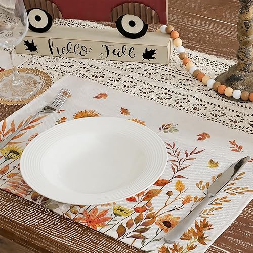 Miniatura 5 de ARKENY Fall Thanksgiving Sunflower Leaves Placemats 12x18 Inches Set of 4,Seasonal Burlap Farmhouse Indoor Kitchen Dining Table Autumn Decorations