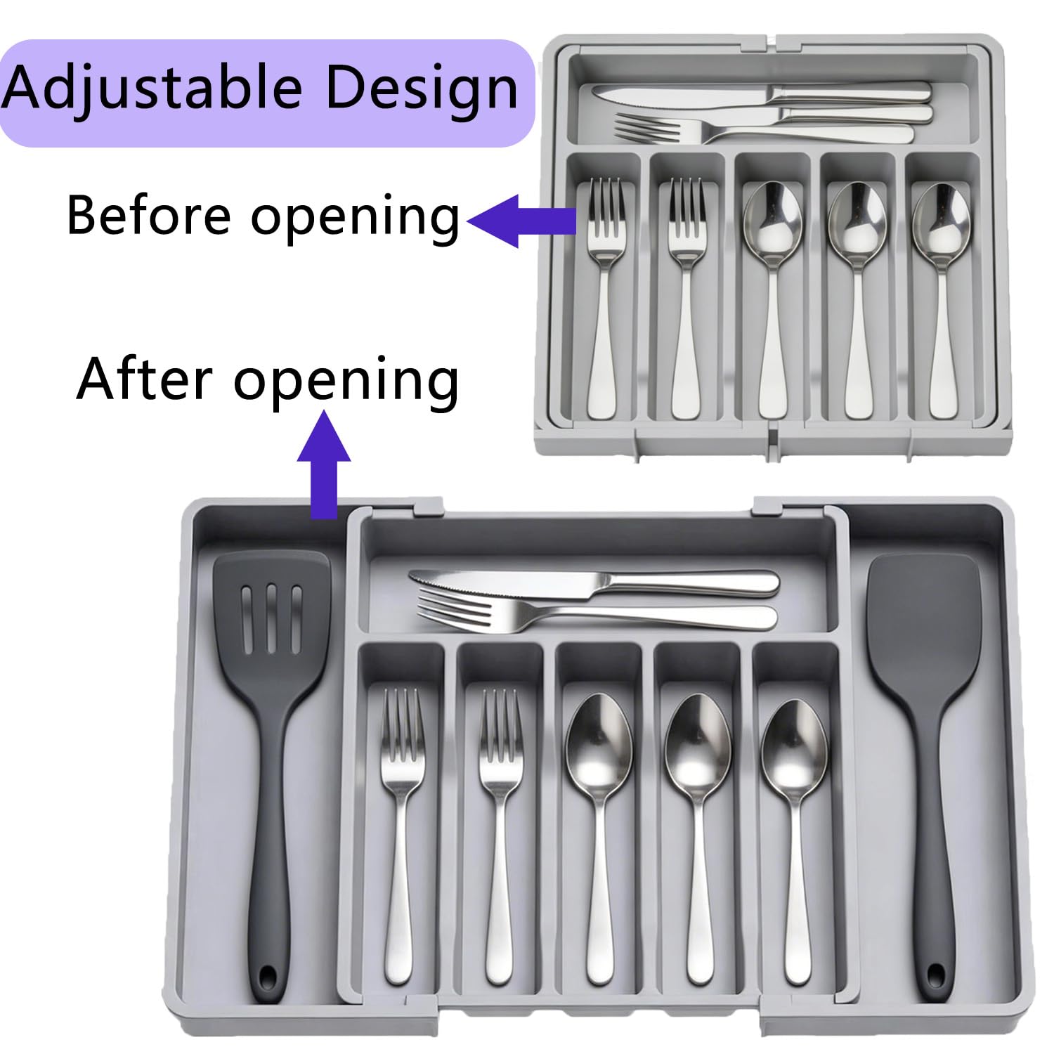 Organizer per cassetti portaposate estensibile, divisori regolabili in plastica, per utensili da cucina, 8 scomparti, 33-57 x 38 cm