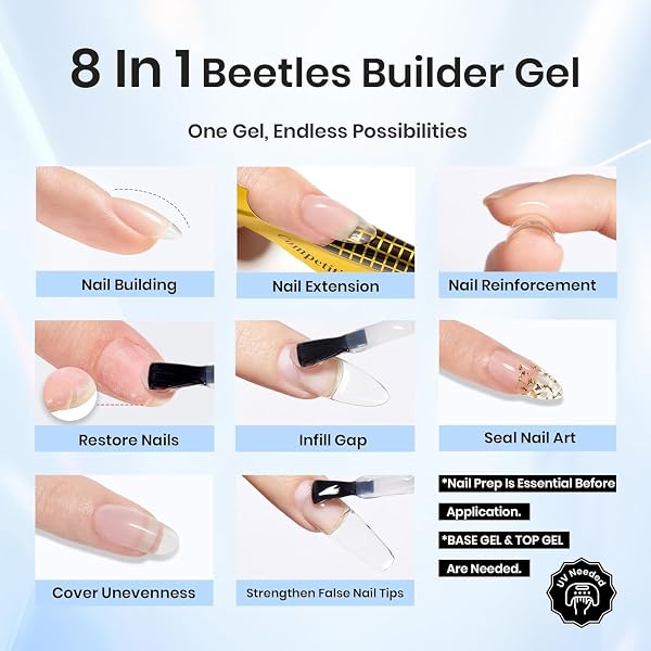 beetles Gel Polish 7 in 1 Clear Builder Nail Gel Set, 2Pcs 15ml Building Gel for Nail Apex Brush in Strengthener Hard Gel Extension Nail Gel in a Bottle, Led Nail Lamp Gel Rhinestone Nail Glue Gel - 4