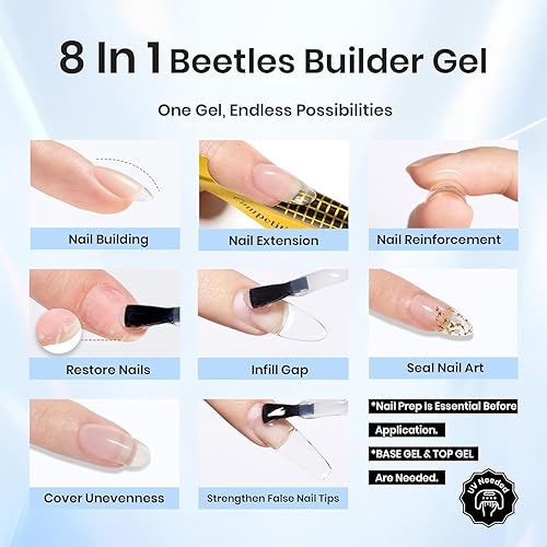 Miniatura 4 de Beetles - Gel constructor para uñas, 2 unidades de gel de construcción transparente 8 en 1 para fortalecer el ápice natural de las uñas y extensión
