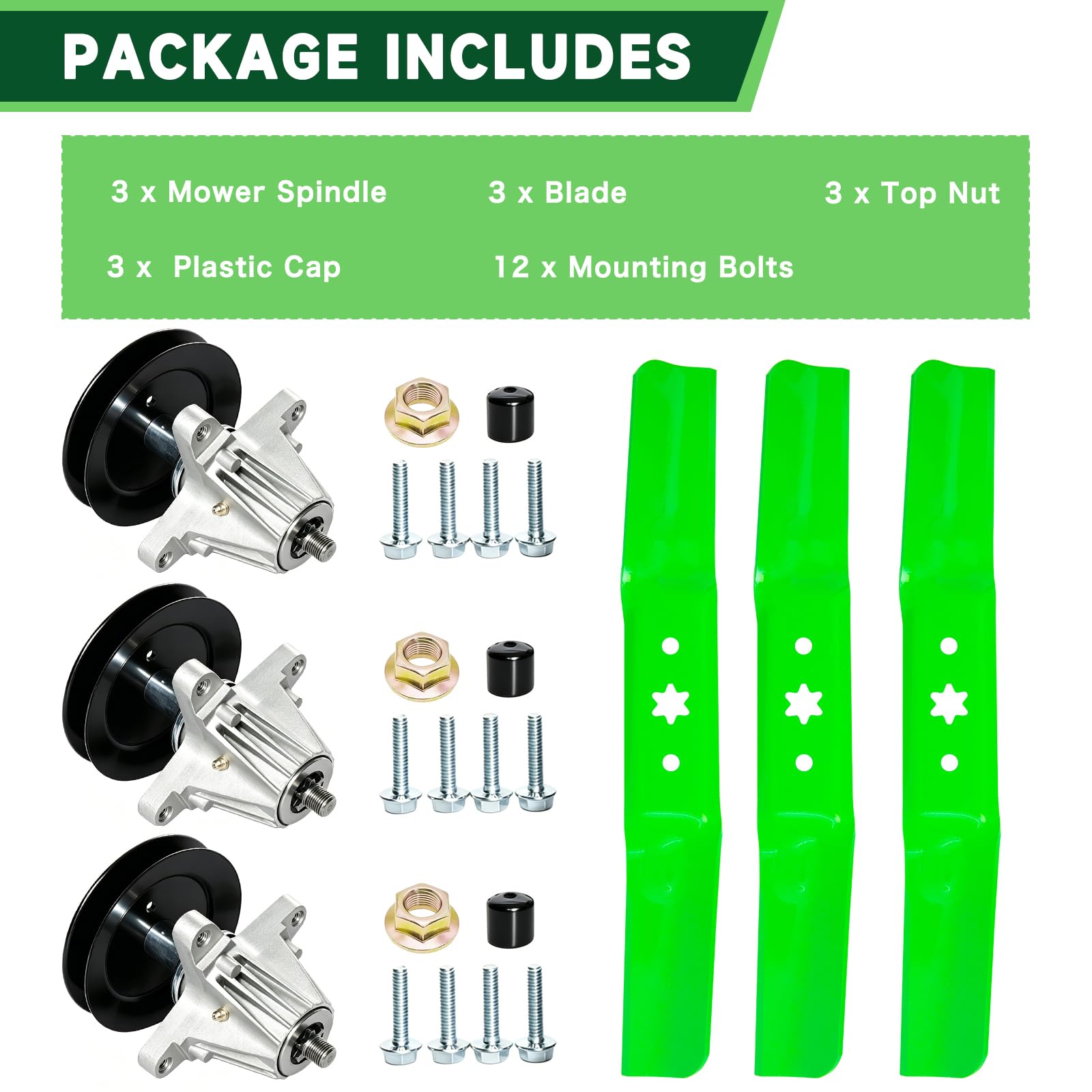 Kit de cuchillas de elevación media de eje de cubierta para MTD Cub Cadet RZT S54 LX54 T310 GT54 incluye (3) conjunto de husillo 618-06978 (3) cuchillas de cortacésped 942-05056