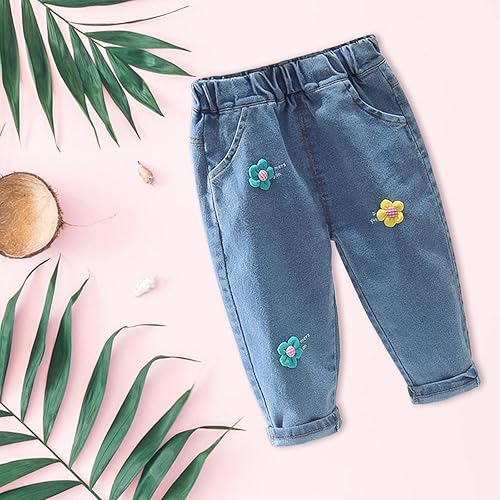 Toddler Girls Floral Baggy Jeans Relaxed Elastic Waist Cuffed Hem Athletic Casual Denim Pants Trendy Daily Trousers(B,2-3T)