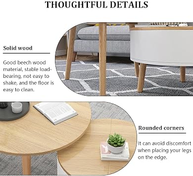 Round Coffee Table, Solid Wood Coffee Table, Round Stylish Coffee Table, Living Room Table, Nesting Coffee Table with Storage Center Table, Small Coffee Table, Sofa Table for Home Living Room Drawing