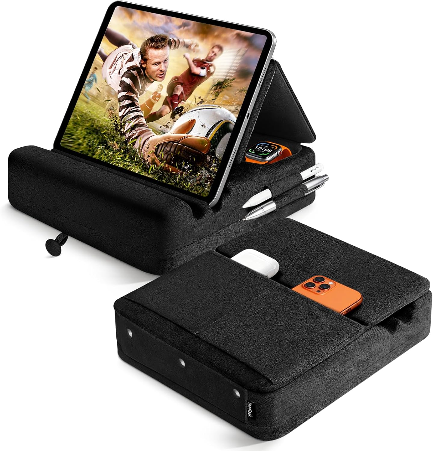 Tablet Pillow Stand with Storage, Foldable iPad Holder for Lep, Bed, Sofa, and Desk - Soft Pad Dock with Pocket and Stylus Mount Compatible with 4-13" iPad Pro/Air/Mini, Galaxy Tab, Kindle