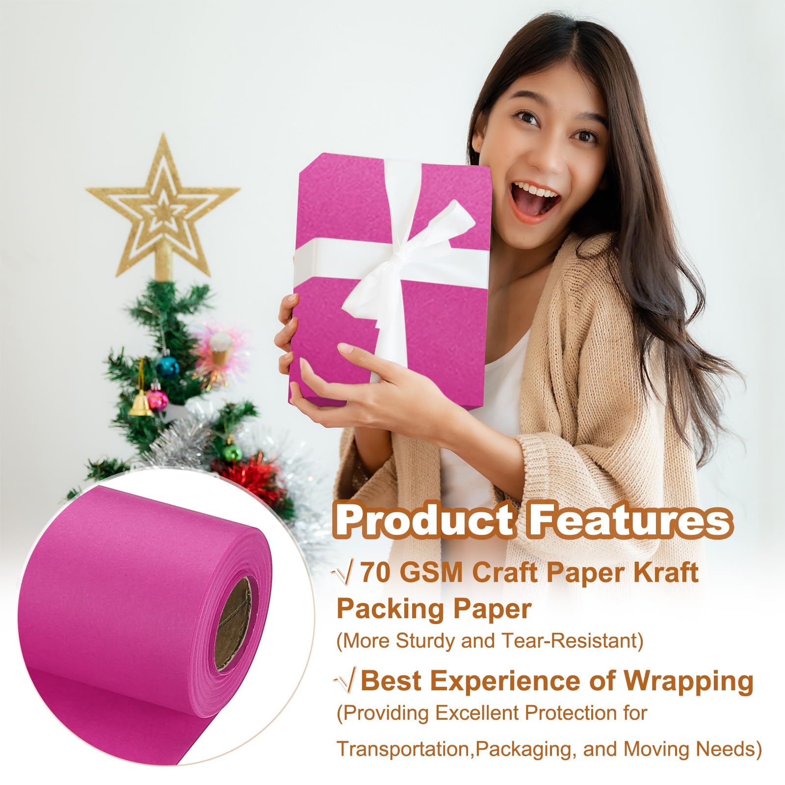 PATIKIL Wrapping Paper, 20" x 600"(49') 70 GSM Craft Paper Roll Kraft Packing Paper for Poster Bulletin Board Gift Wrapping, Rose Pink - Image 3