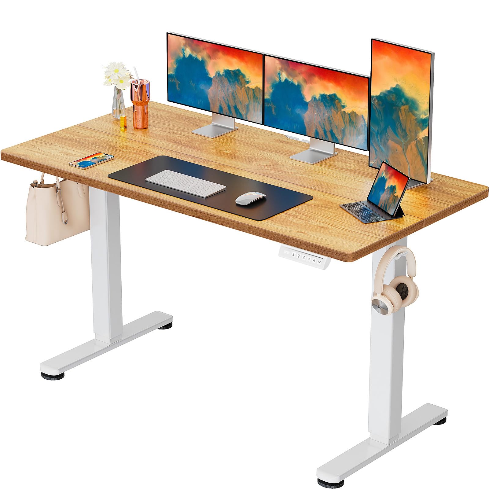 ErGear Height Adjustable Electric Standing Desk, 55 x 28 Inches Sit Stand up Desk, Memory Computer Home Office Desk (Light Vintage Brown)