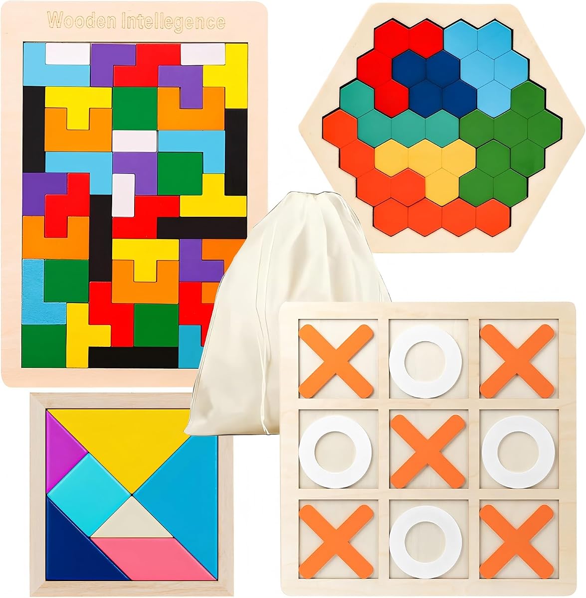 4 Pack Wooden Blocks Puzzles | Russian Blocks, Hexagon Puzzles, Tangrams Puzzles, Board Tic Tac Toe Game, Brain Teasers Toy Logic Game