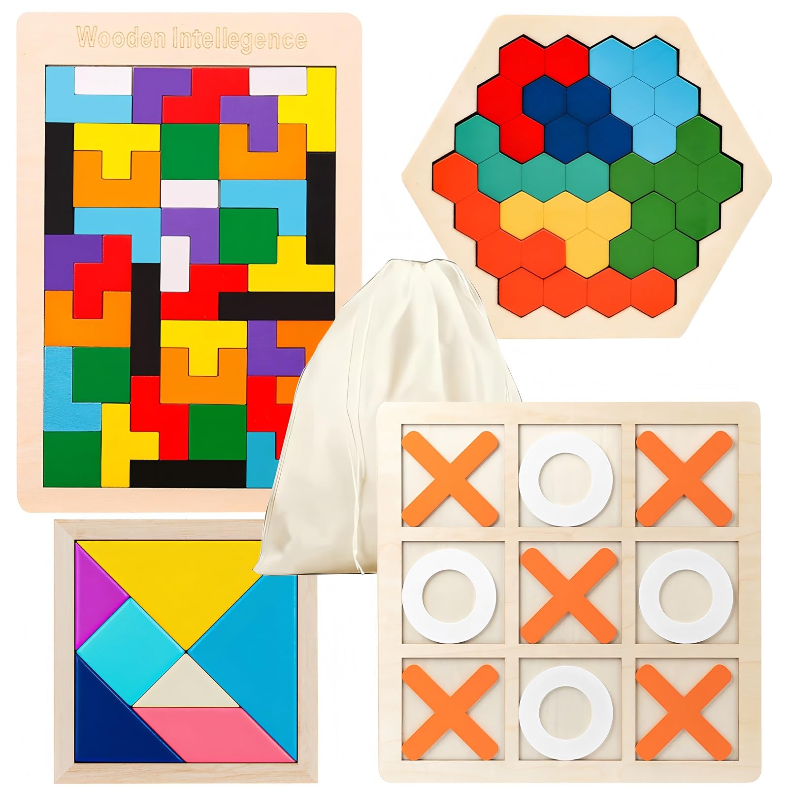 4 Pack Wooden Blocks Puzzles, Russian Blocks, Hexagon Puzzles, Tangrams Puzzles, Board Tic Tac Toe Game, Brain Teasers Toy Logic Game, Montessori STEM Educational Toys Present for Kids and Adults
