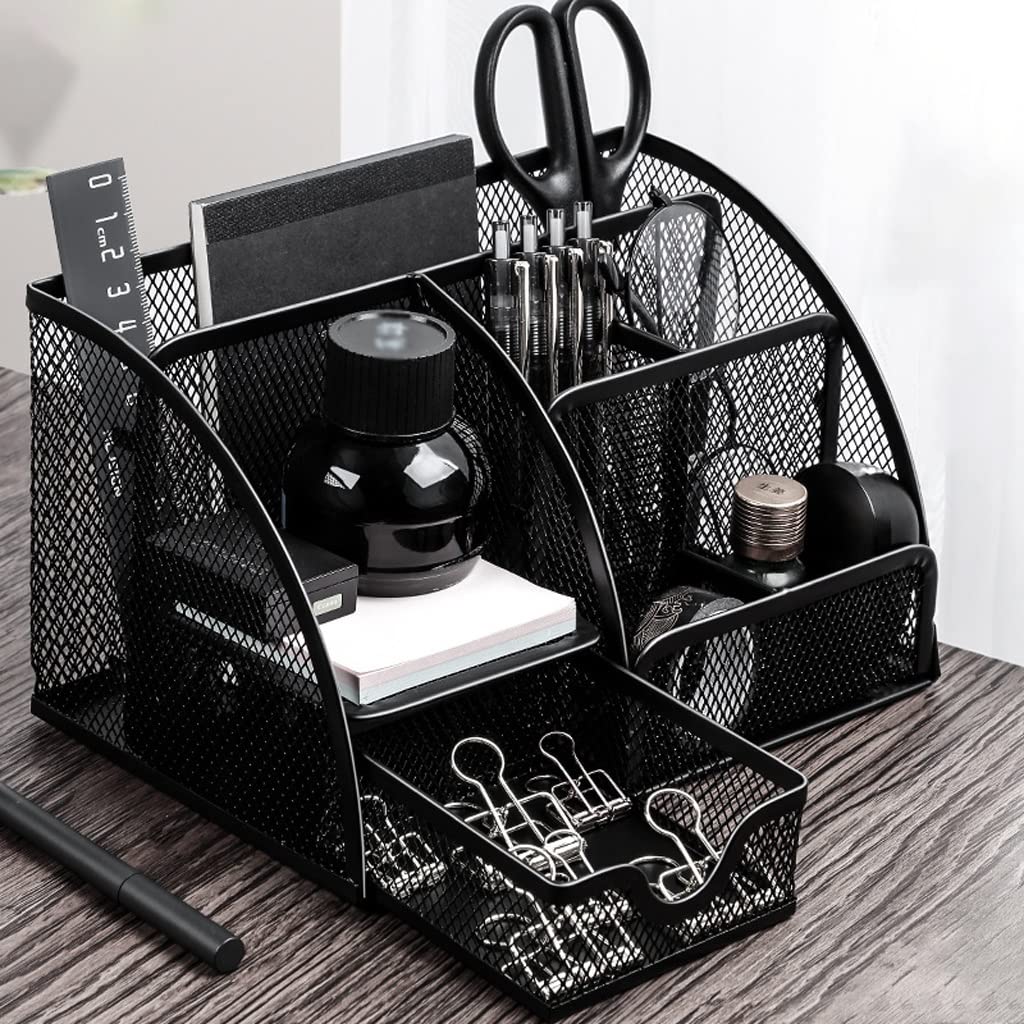 Stifthalter für den Schreibtisch, Netz-Stifthalter, Schreibtisch-Organizer mit 7 Fächern und 1 Schublade, Schwarz, 130 x 140 220 mm