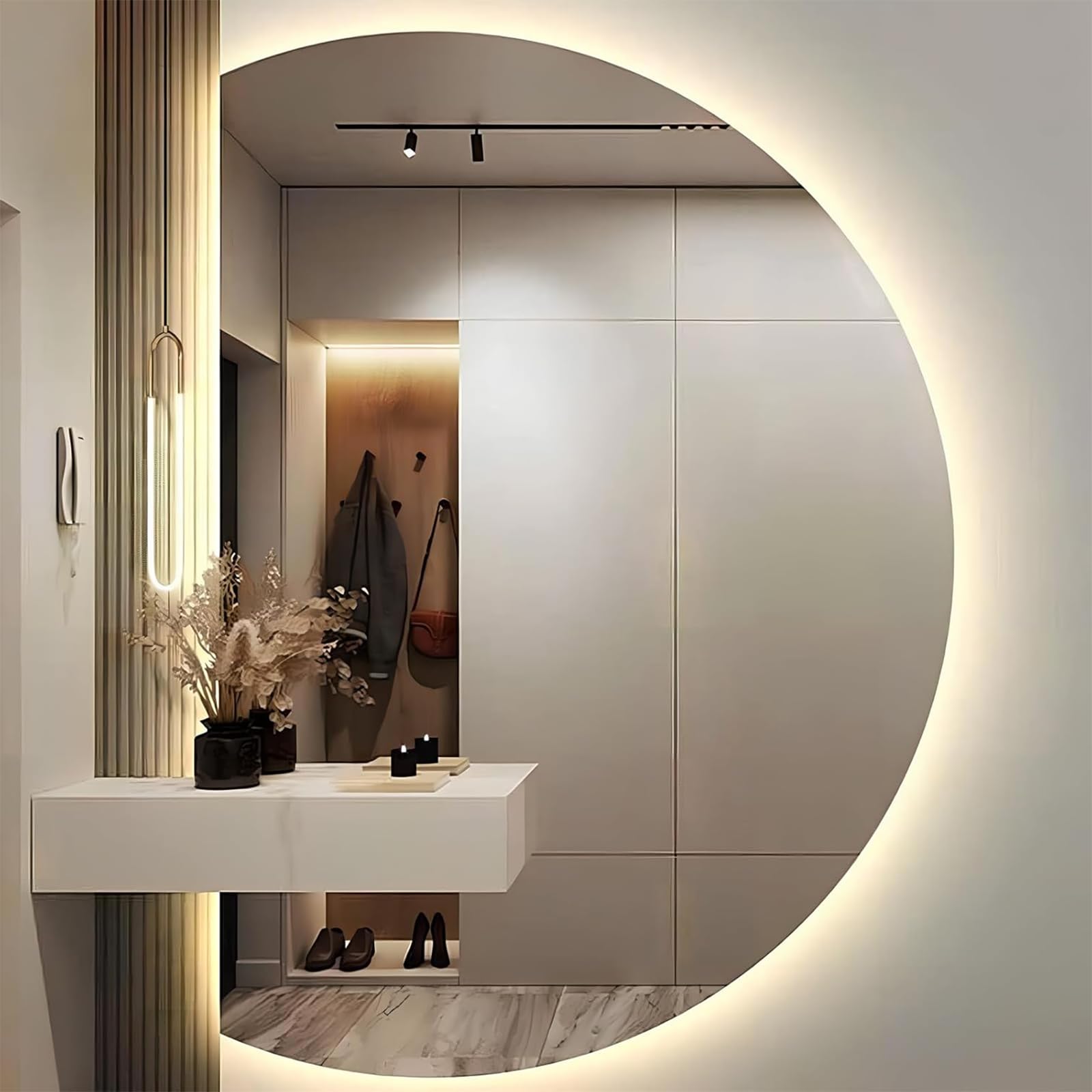Smart Half Circle Mirror, Large Defogging Makeup Wall Mounted Mirror, LED Backlit Bathroom Half Moon Mirror, Decorative Mirror 3-Color Light Dimmable for Bathroom Living Room Bedroom (70*100cm)
