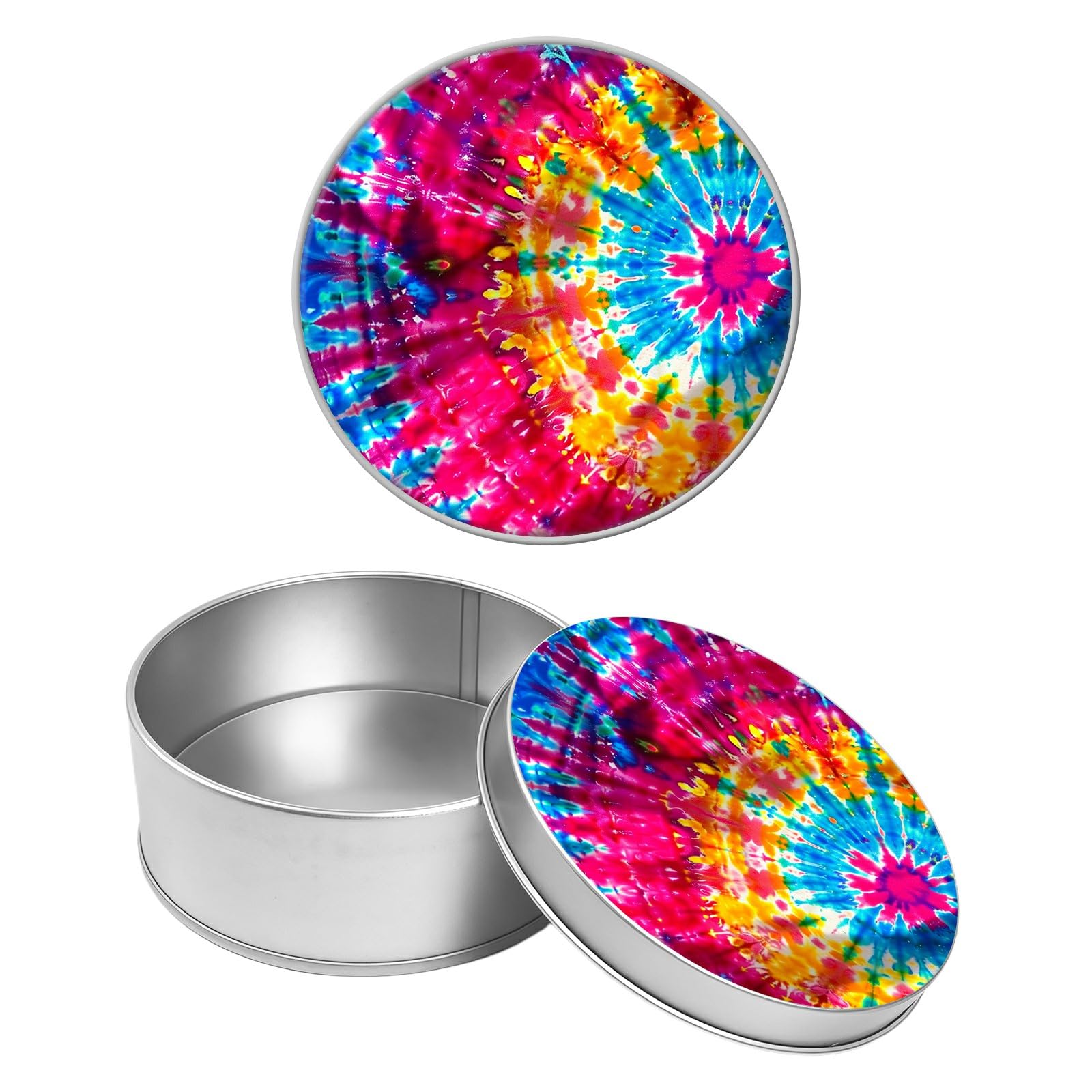 Round Metal Tin Container with Removable Lid, Abstract Rainbow Flowers Durable Metal Storage Box for Crafts Snacks Candies Office Supplies Small Items 3.54 x 1.38 inch– Single Pack