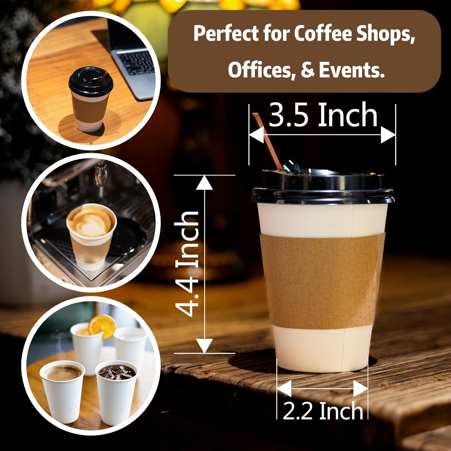 Disposable Paper Coffee Cups 12 oz with Lids, Sleeves and Stirrers [100 Count] - Eco-Friendly Disposable Cups for Hot/Cold Drinks (100, white, 12, Cups) - Image 4