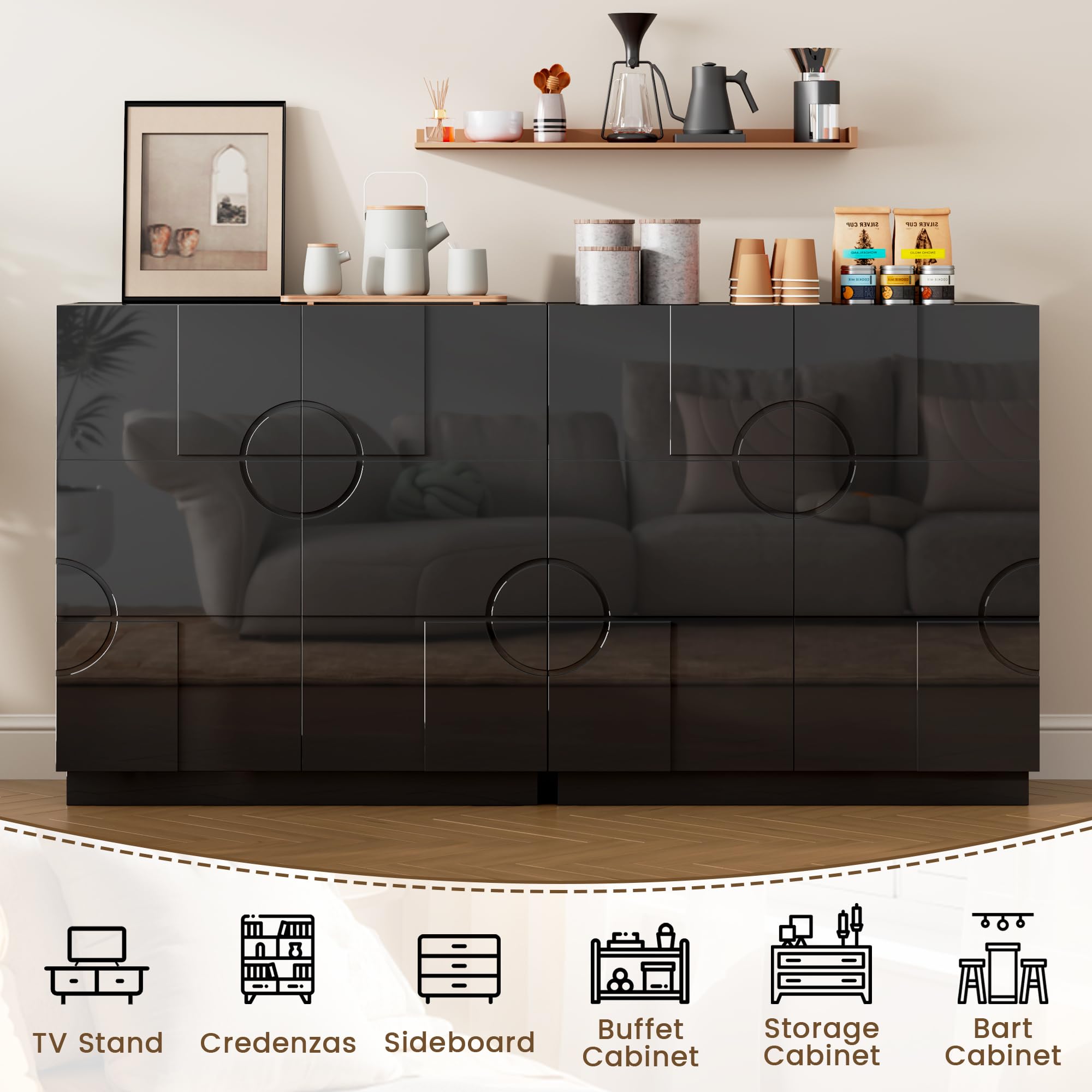 LVSOMT Moderne Sideboard Wohnzimmer, 85cm Hoch Buffetschrank Holz | Kommode mit 2 Türen,Verstellbares Regal,Geometrisches Musterdesign,Schrank Für Esszimmer Schlafzimmer Flur, Schwarz Hochglanz