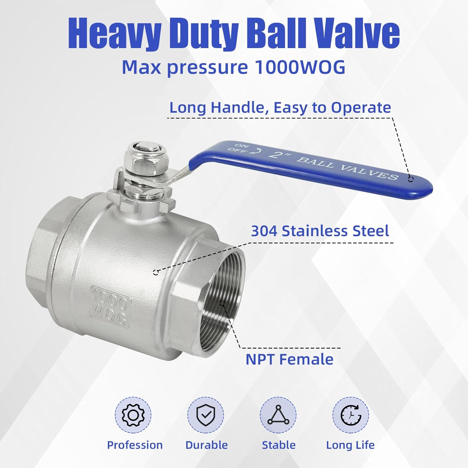 YADIAN 2 Pack 2'' Ball Valve Full Port 304 Stainless Steel 2 inch NPT Female Heavy Duty Shut Off Valve 2 inch Ball Valve for Water, Oil, and Gas with Blue Locking Handles, 1000 WOG