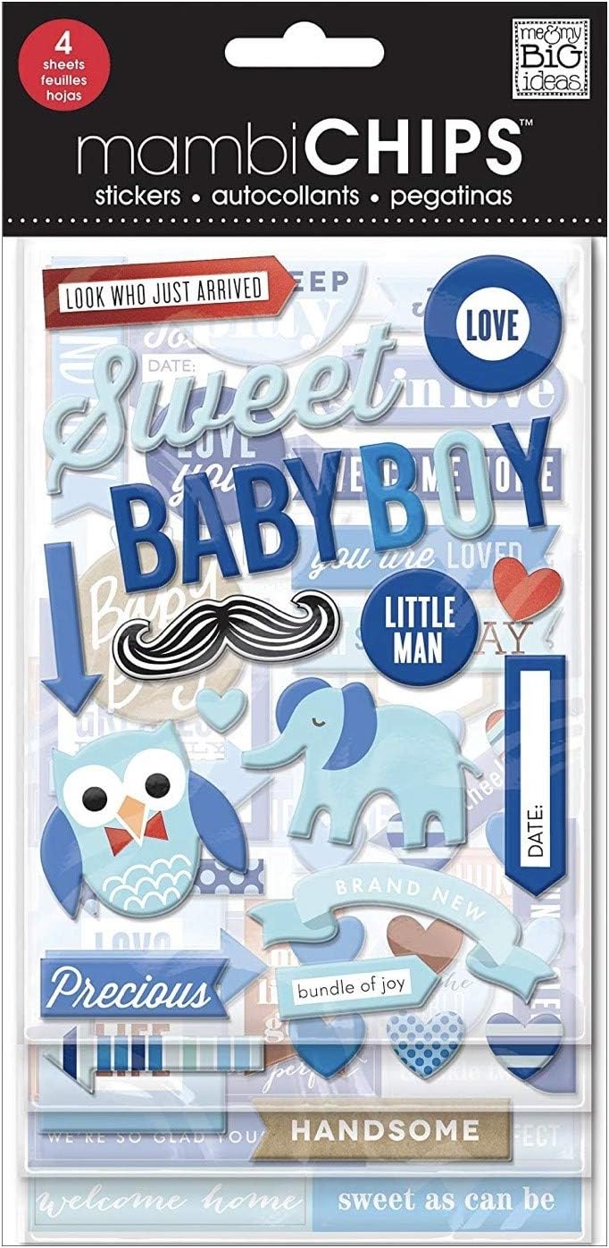 me & my BIG ideas mambiChips Chipboard Stickers - The Happy Planner Scrapbooking Supplies - Baby Boy Theme - Blue & Multi-Color - Great for Projects, Scrapbooks & Albums - 4 Sheets, 63 Stickers Total