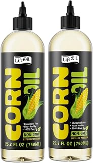 LifeOiLs Expeller-Pressed Non-GMO Corn Oil, High Smoke Point 450°F for Frying & Grilling, 25.3oz Squeeze Bottles, 2-Pack