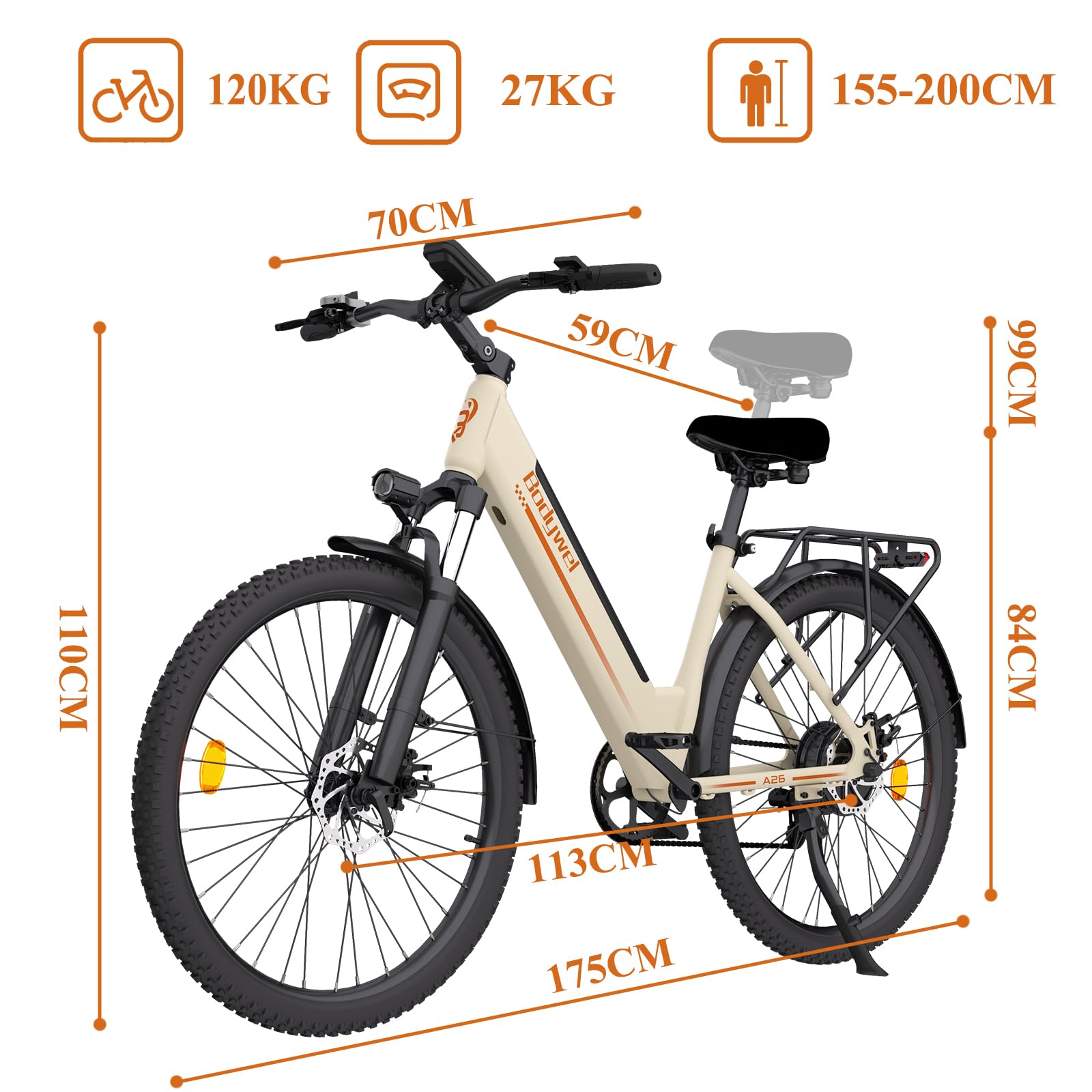 Bodywel A26 Bicicleta Eléctrica Hombre 26 Pulgadas, E-Bike con Batería Extraíble 36V 13Ah, Autonomía 35–60 km, Motor 250W, 7 Velocidades, Frenos de Disco Mecánicos