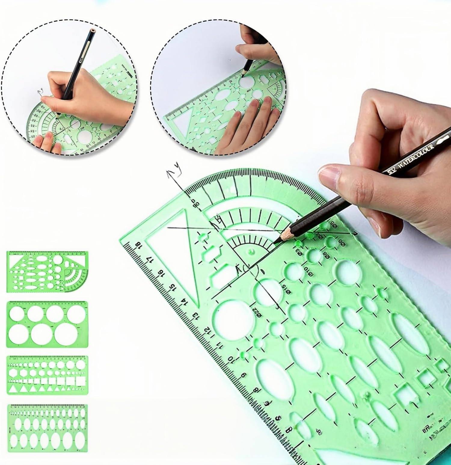 Plantilla para Dibujar Geométricas,4 Piezas Trazador de Círculos,Plantilla de Medición de Plástico para Dibujar,Medir,Diseñar,Oficina,Hogar,Escuela(Verde)