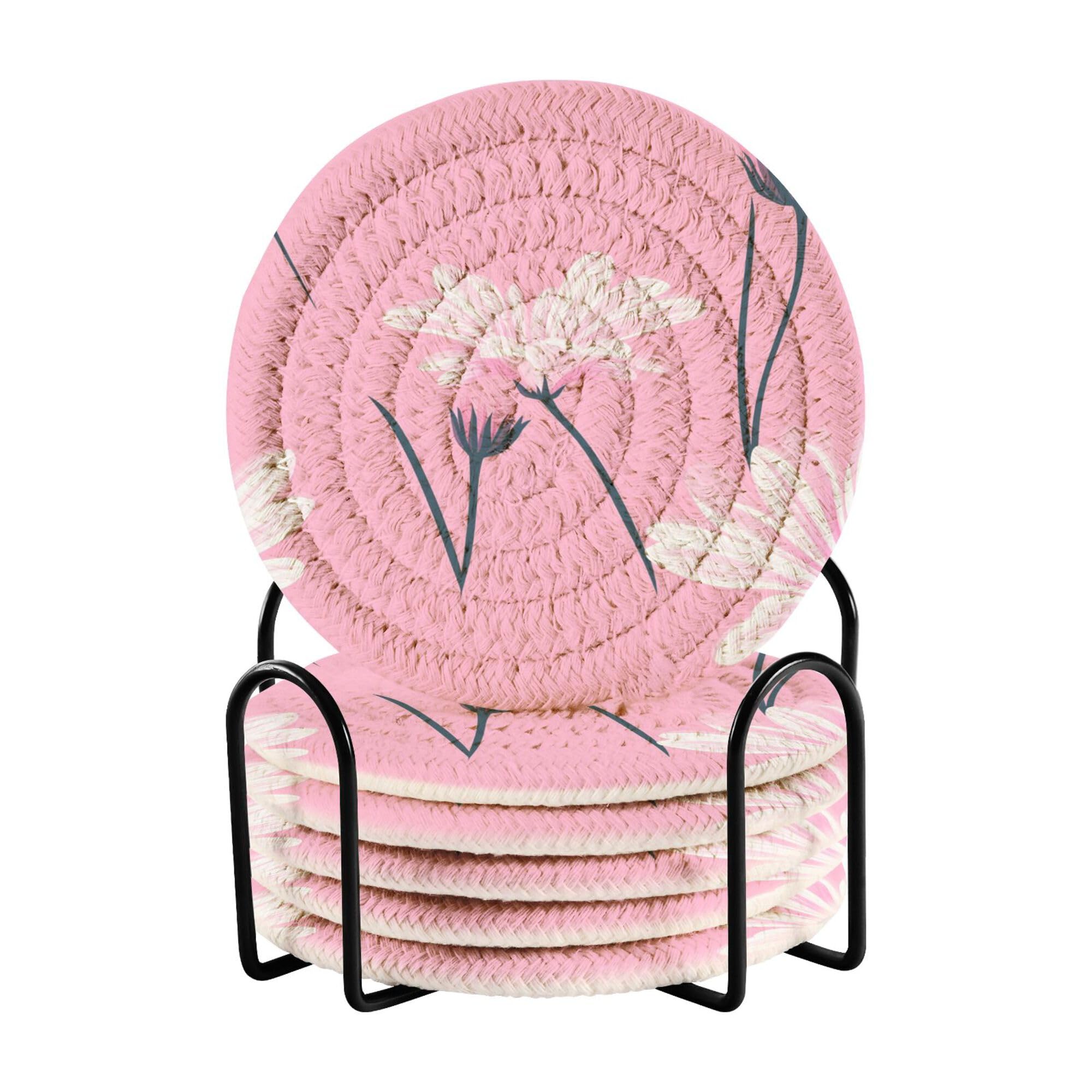 Art Osteospermum Peach Cotton Rope Drink Coasters Set Set with Holder 6 Pack Coasters