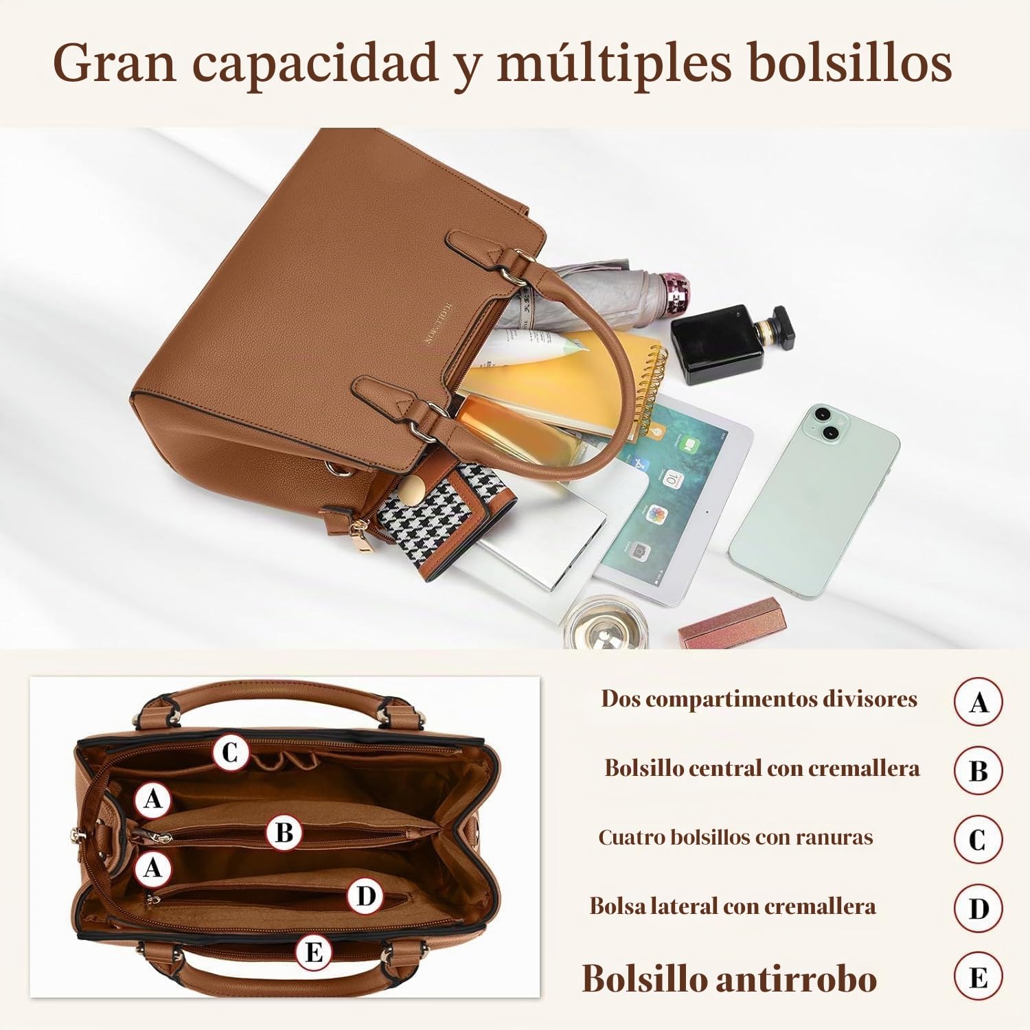 IGOLUMON Bolsos de Mano Piel para Mujer para Universitarias Trabajo Bolso Bandolera Universidad Marca Bolsa Outlet Marca Tote Bag Negro Marrón