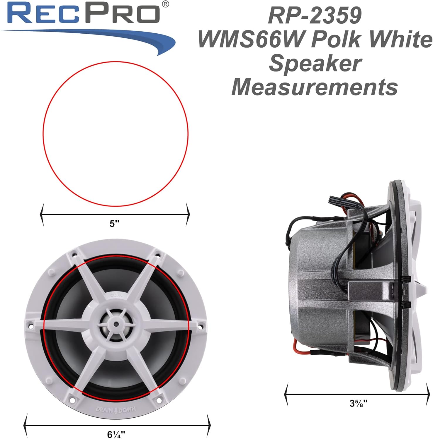 RecPro RV 6-inch Coaxial Speaker with dimensions: 5 inch cutout, 6 1/4 inch overall diameter, 3 1/8 inch mounting depth.