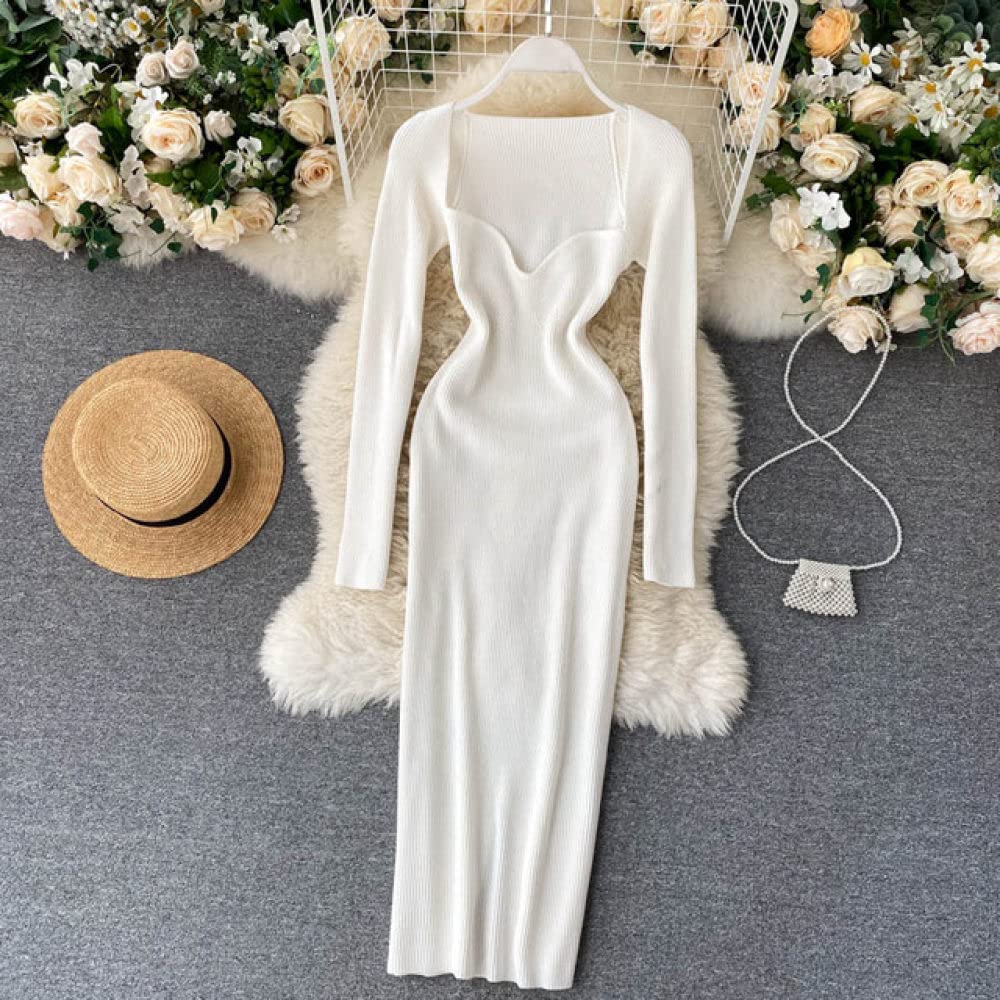 Femme Longues Manches Robe Moulante Sexy sans Bretelles Côtelées pour Dames Automne Hiver Robe Pull Mi-Longue À Manches Longues, Blanc, Taille Unique