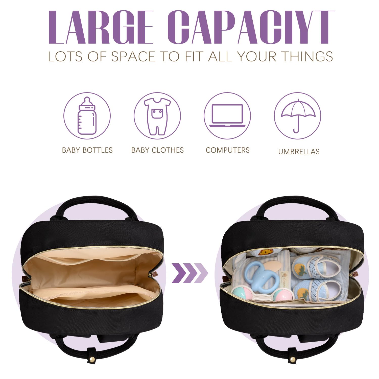 Tuwubi Diaper Bag Backpack, Baby Essentials Travel Tote Bag, Multi function Waterproof Backpacks, Travel Essentials with Stroller Straps & Pacifier Case - Black - Image 3