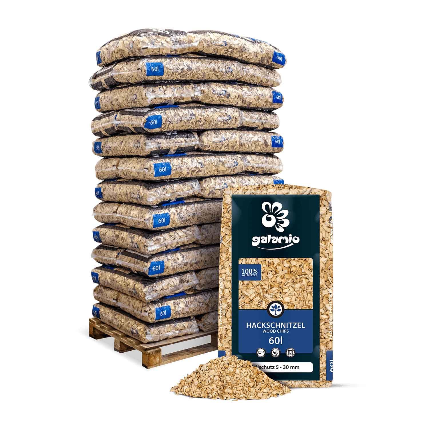 Holzhackschnitzel Hackschnitzel Mulch Natur Wald Kiefer Pinus Sylvestris Garten Dekor Holz Häcksel Fein 5-30mm 60l x 39 Sack 2.340l / 1 Palette