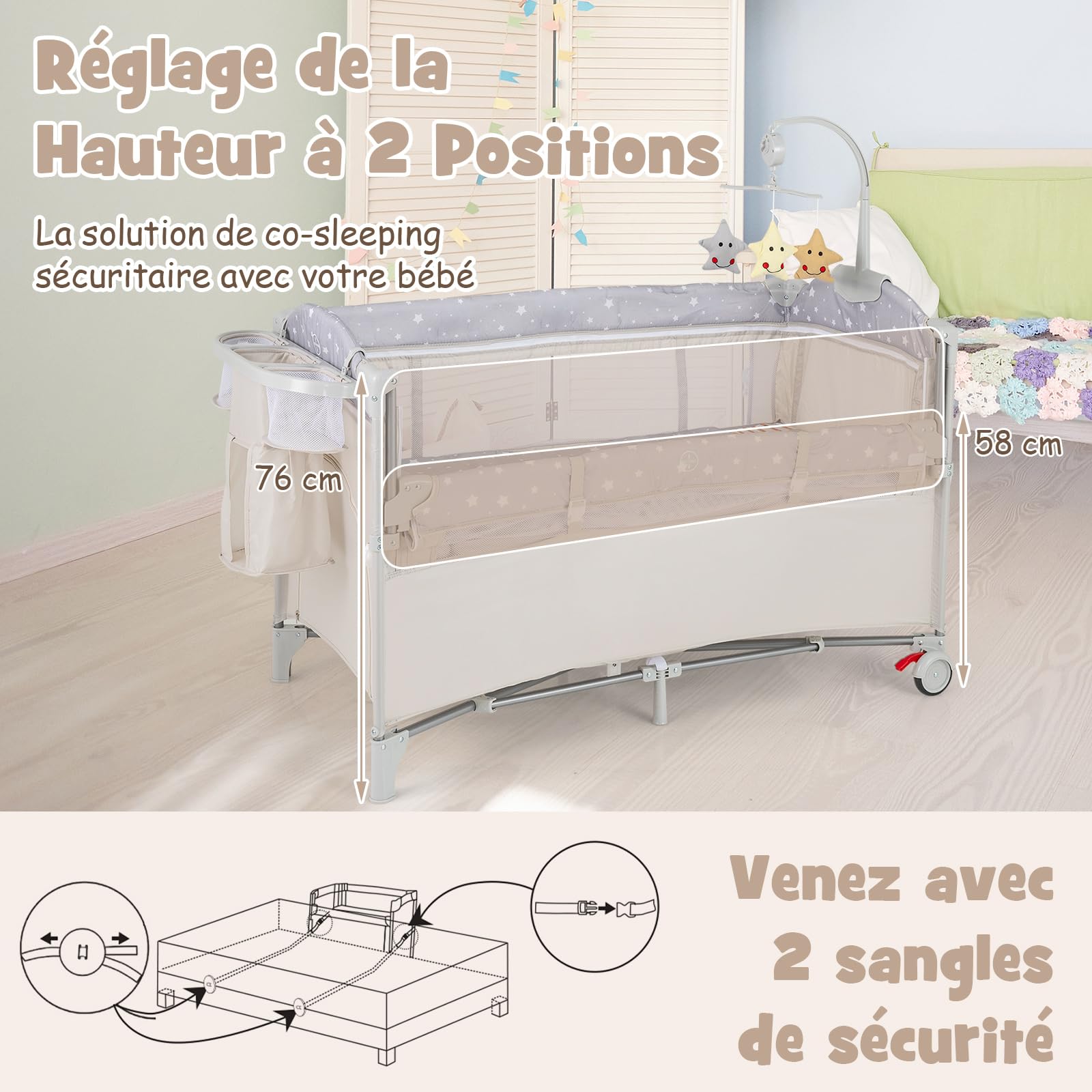 COSTWAY 5 en 1 Lit Parapluie Bébé avec Matelas et Table à Langer Amovible, Lit Bébé Évolutif avec Boîte à Musique et Jouets Suspendus, Hauteur Réglables pour Bébé de 0-3 Ans (Beige)