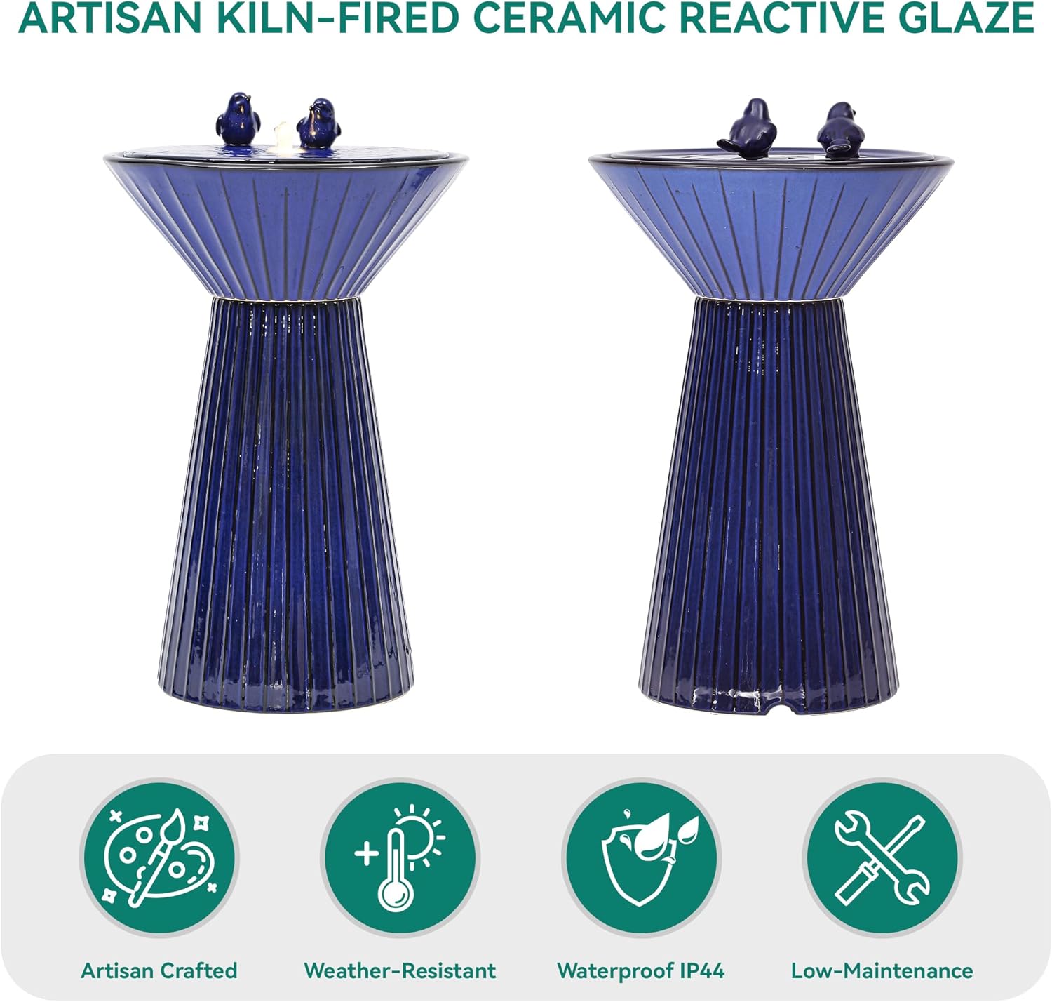 28" Tall Ceramic Outdoor Fountain and Waterfalls, Patio Fountain with LEDs, Birdbath for Outside, Soothing Water Feature for Relaxing Front Porch, Garden, Backyard, Cobalt Blue, 2KD Birds