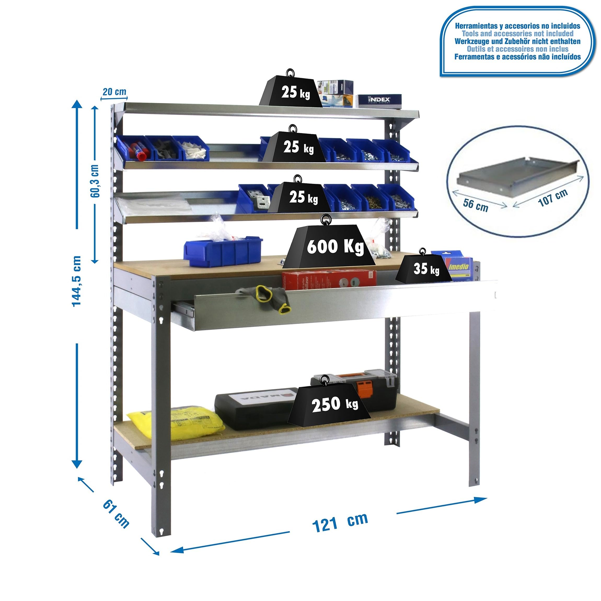 Simon Rack Banco de Trabajo con 3 repisas y cajón 1210x610 mm - BT1 | Capacidad Carga 600 kg, Pintura anticorrosión, Gris , Montaje sistema clic