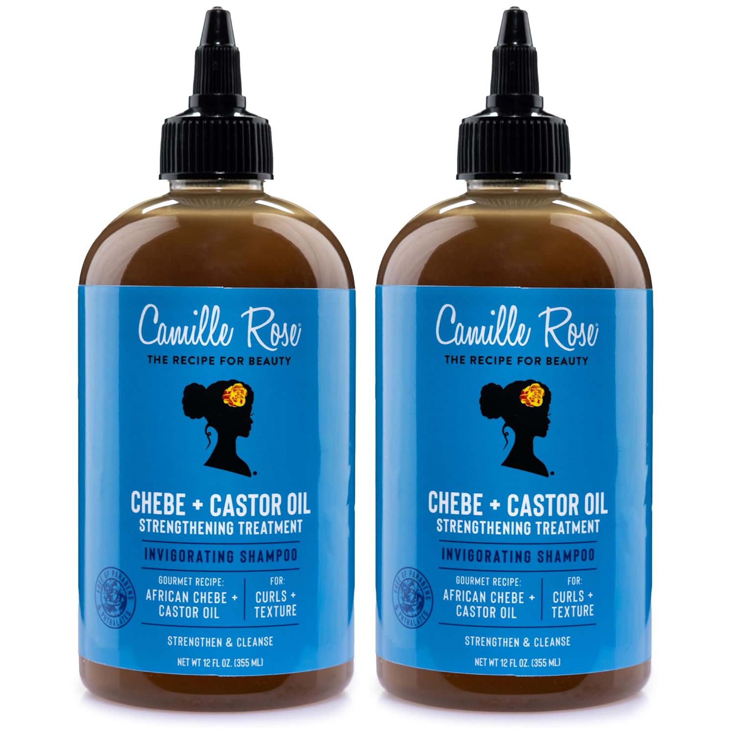 Camille Rose Shampoo, Black Castor Oil + Chebe Cleanse 2-Pack – Invigorating Scalp Treatment + Frizz Control for Straight, Wavy, Coily & Curly Hair, 12 Fl Oz