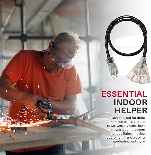 Miniatura 4 de LifeSupplyUSA - Cable de extensión de alimentación de 3 pies para exteriores e interiores, impermeable, 3 salidas, SJTW, calibre 12, 15 amperios,