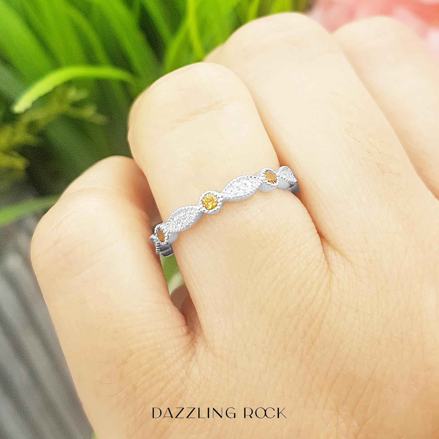 Dazzlingrock Collection Alternating Round Gemstone with White Natural Diamond 7 Stone Stackable Wedding Band Ring for Women in 14K White Real Solid Gold