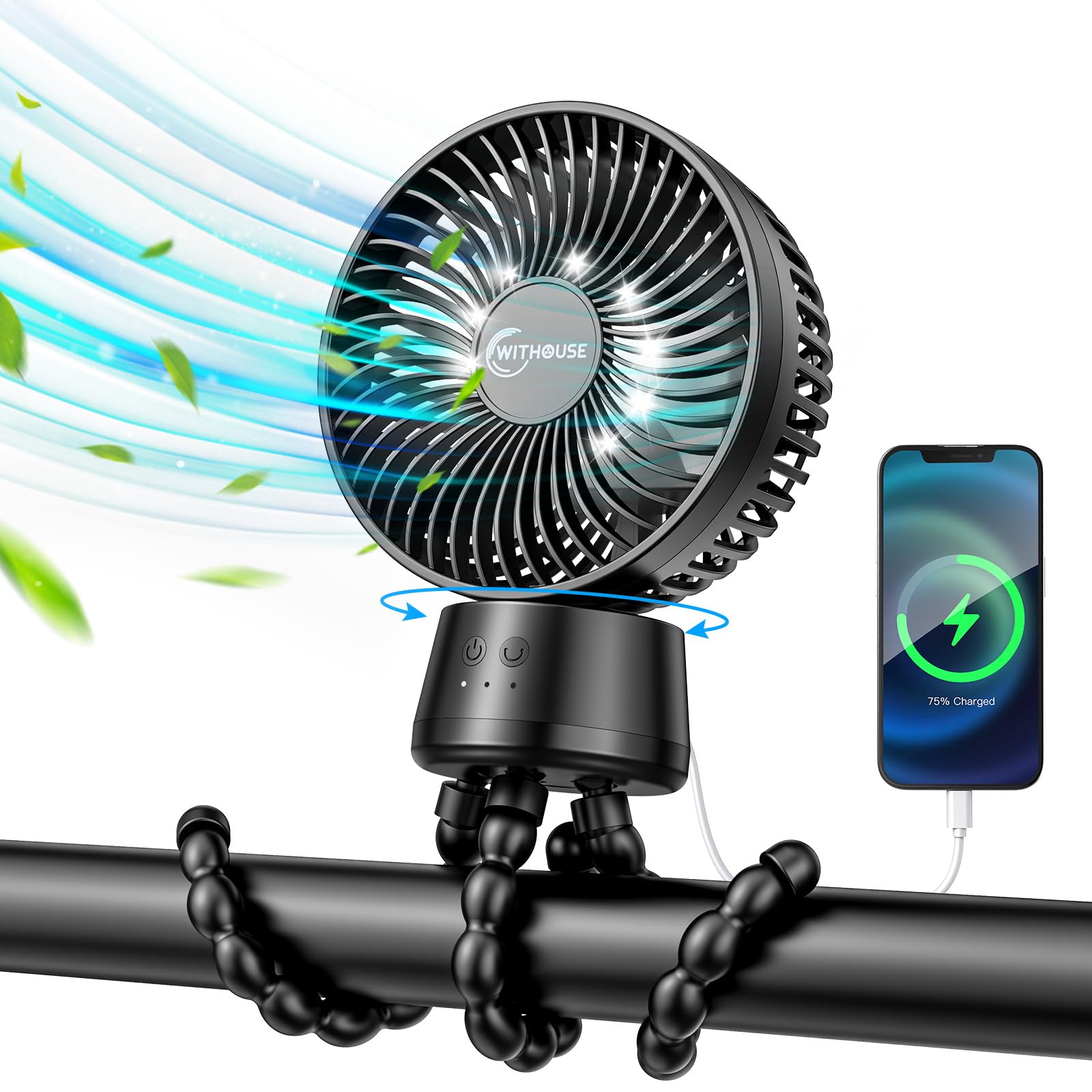 Ventilatore portatile per passeggino, ventilatore portatile silenzioso da 20000mAh, 120° staccabile a 3 velocità, ventilatore ricaricabile a clip USB con luce notturna a LED.