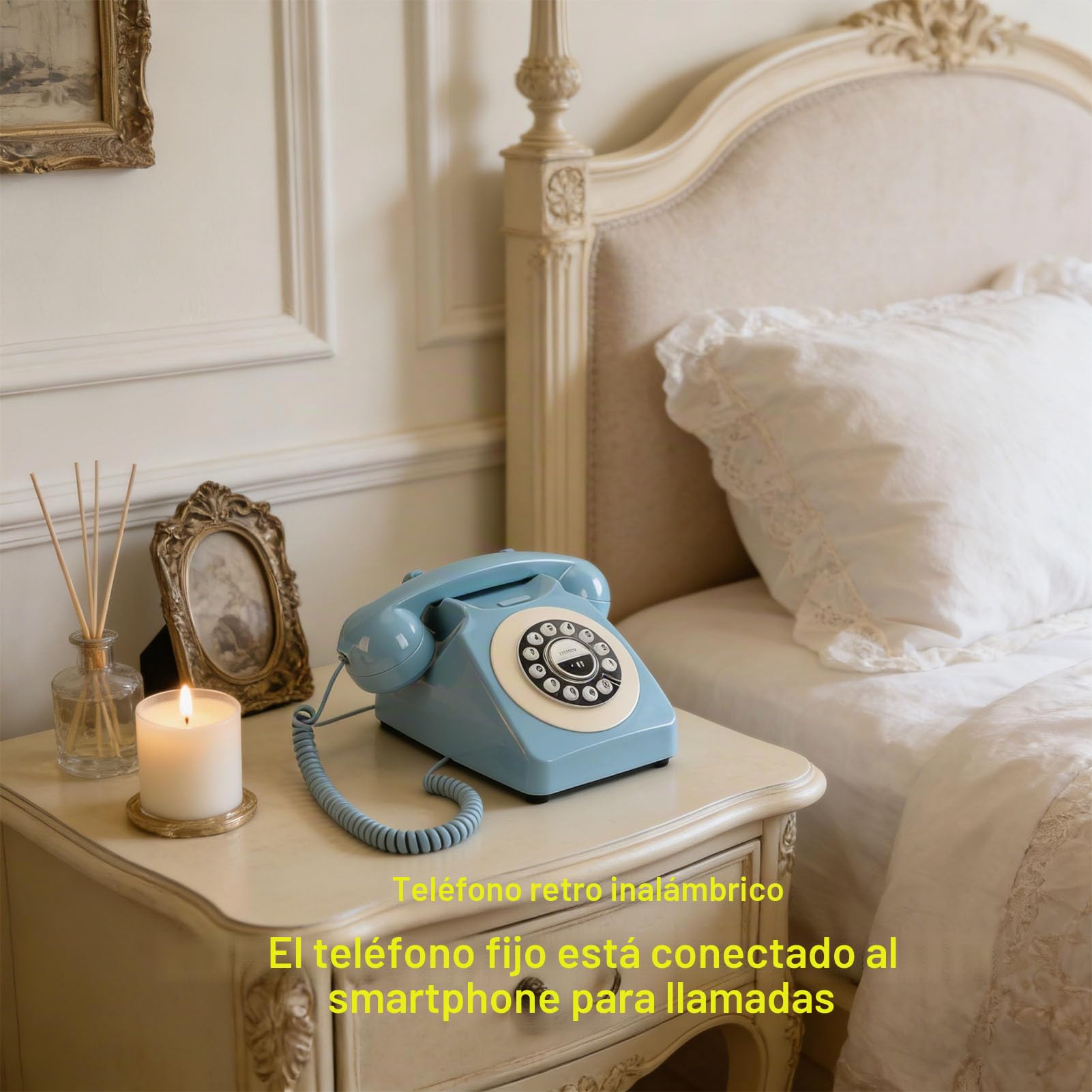 Teléfono Retro Bluetooth, Teléfono Fijo de Escritorio Vintage con Batería Recargable USB, Llamadas Manos Libres y Reproducción de Música, para Oficina en casa. (Blue)