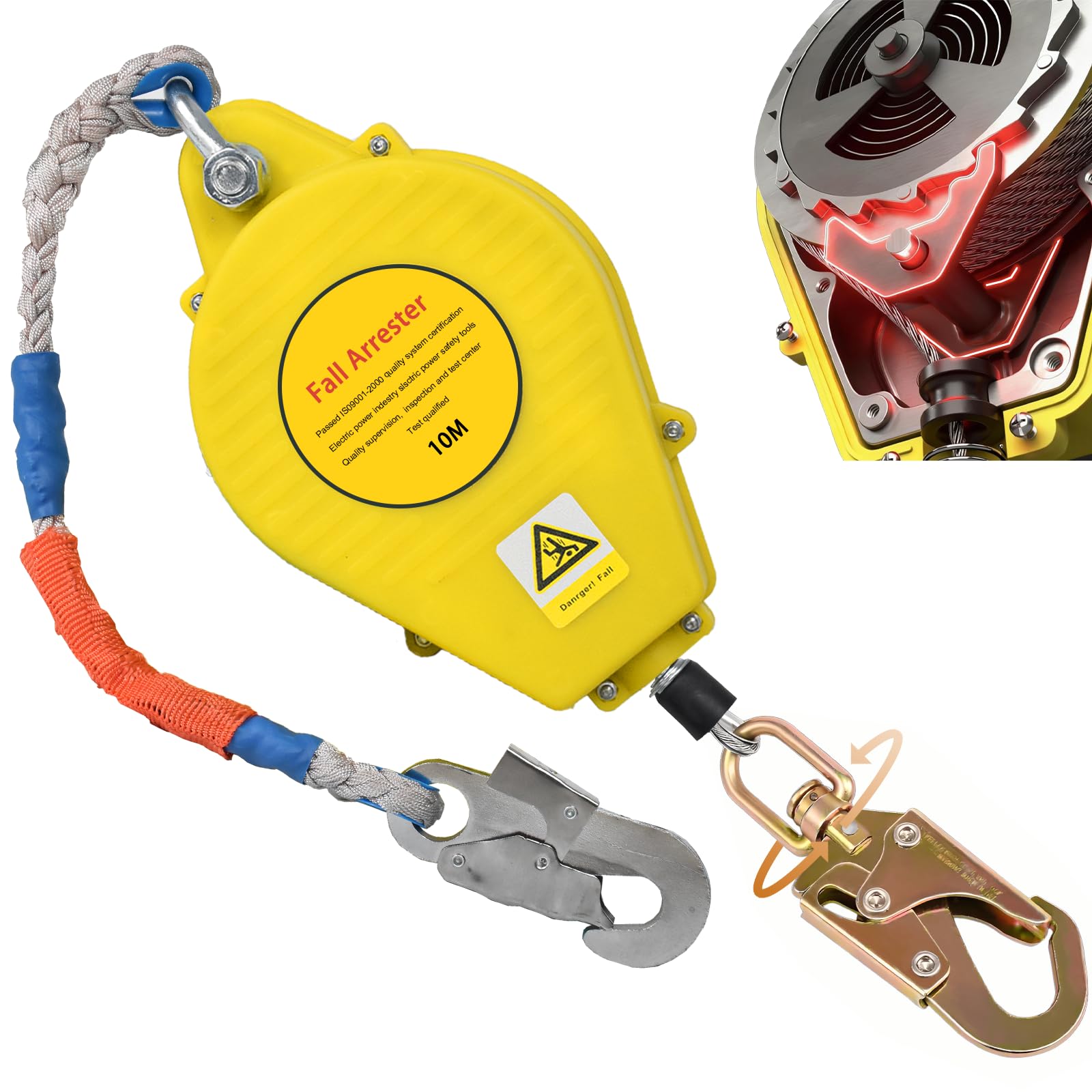 Dispositivo Anticaduta Retrattile Certificato 10m, 150 kg(Giallo,10m) | Imbracatura di Sicurezza Anticaduta Tetto, Dispositivo Sicurezza Anticaduta Tetto/Lavoro Aereo Migliorato con Gancio Rotante