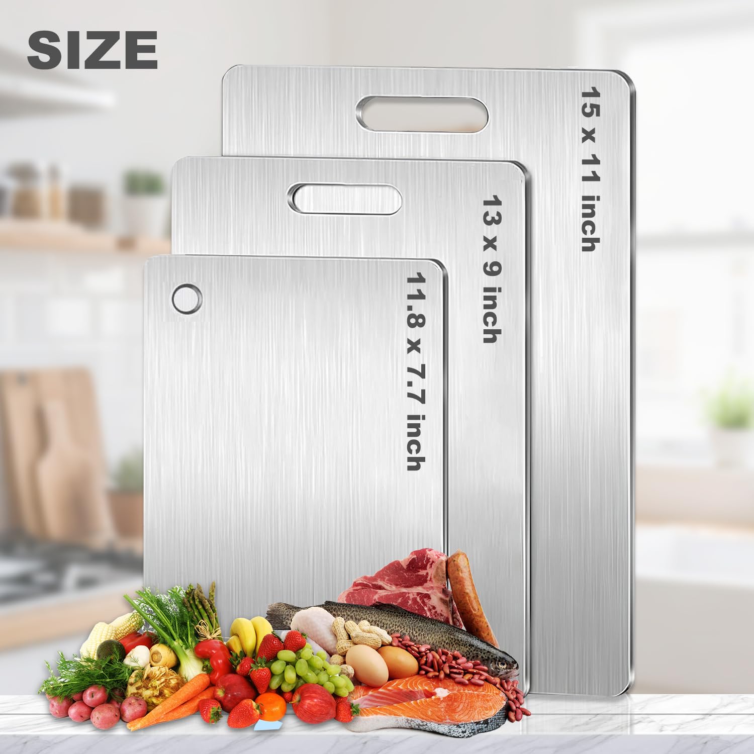 Lot de 3 planches à découper en titane 100 % pur pour cuisine, double face, passent au lave-vaisselle, de qualité alimentaire, pour couper la viande, les fruits et les légumes