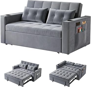 70" Convertible Sofa Bed Chair with Charging Station, Cup Holder & Side Pocket, 3-in-1 Pull Out Floor Couch with Adjustable Backrest for Small Spaces, Living Room, Bedroom Grey