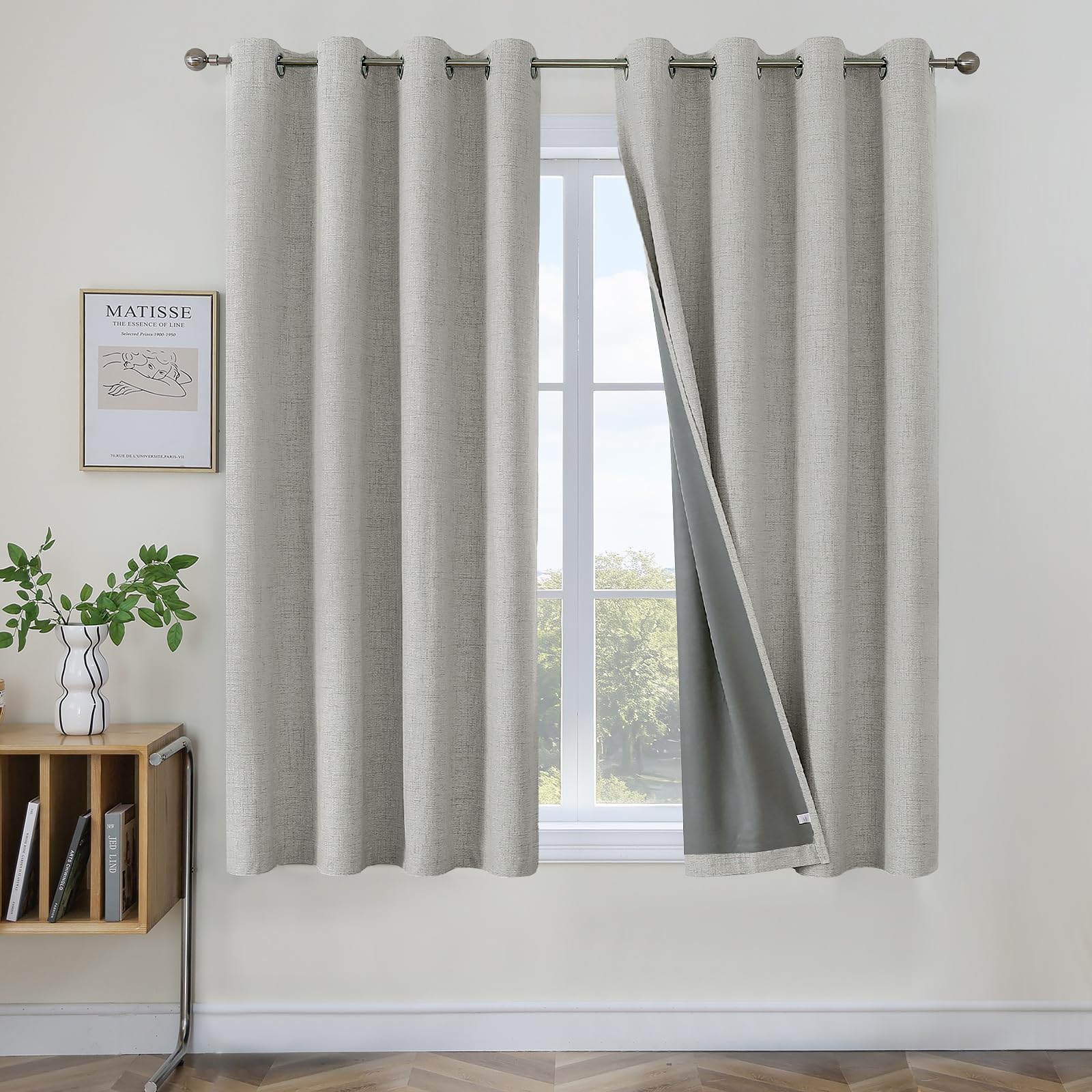 Joydeco Blackout Curtains 63 inch Length 2 Panels Set, Linen Textured Room Darkening Curtains 63 Inches Long, Thermal Insulated Grommet Black Out Curtains for Living Room(42x63 inch, Greyish White)