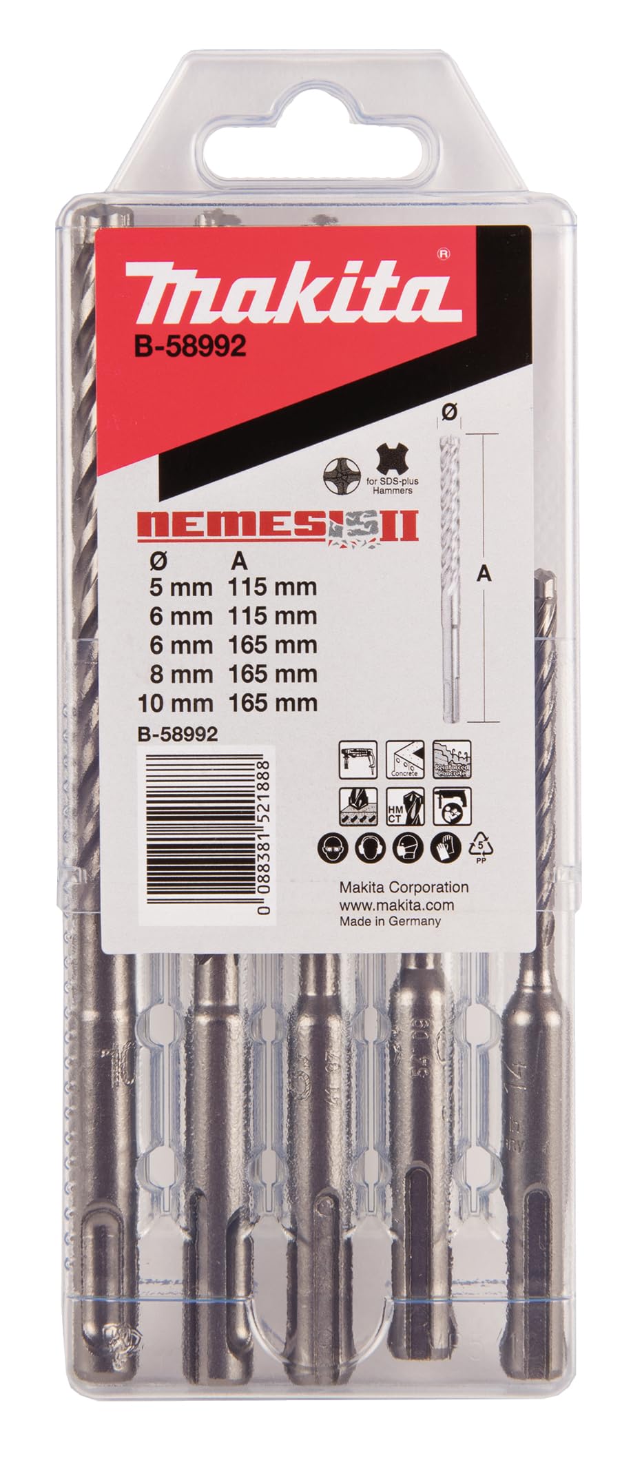 Makita B-58992 NEMESIS2 - Set di punte per trapano a percussione SDS-Plus, 5 pezzi, ideale per calcestruzzo, cemento armato, muratura