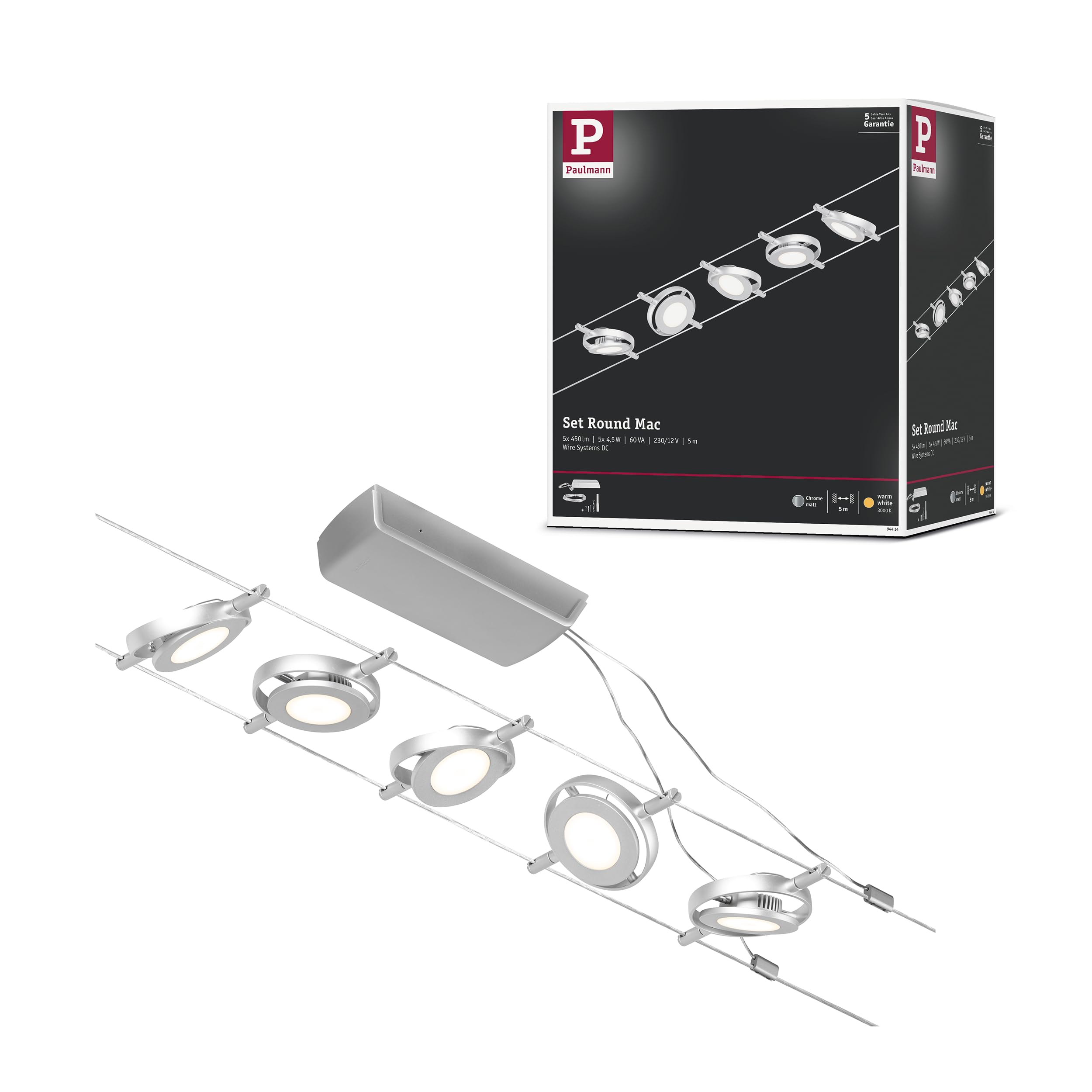 Paulmann 944.14 94414 Kit LED RoundMac DC avec Câble Extensible en Chrome Mat-5 x 4,5 W-3000 K, Métal