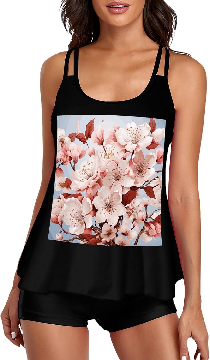 Cherry Blossoms Tankini Swimsuits for Women Tummy Control Two Piece Bathing Suits Swim Tops with Boy Shorts