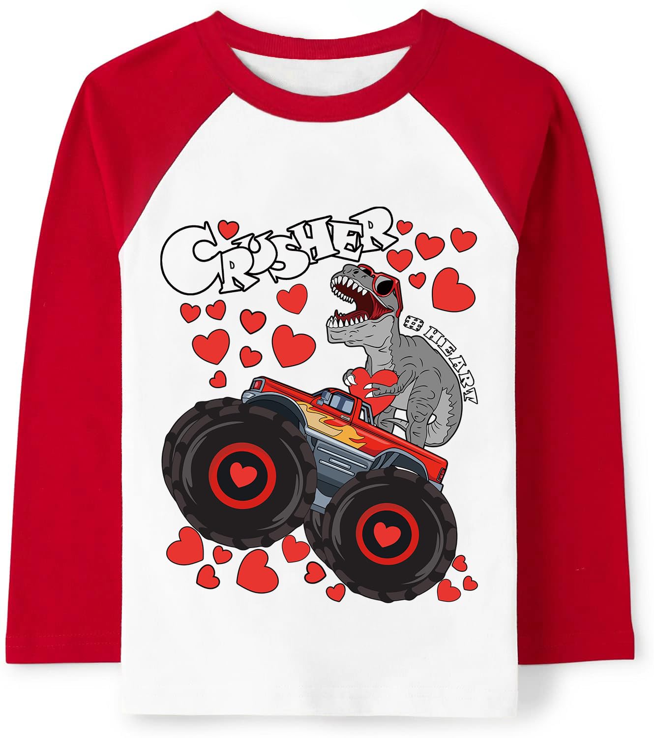 Tkria Boys Girls Valentine Shirts Raglan Long Sleeve Monster Truck Dinosaur Candy Love Heart Tops for Kids 2-10T